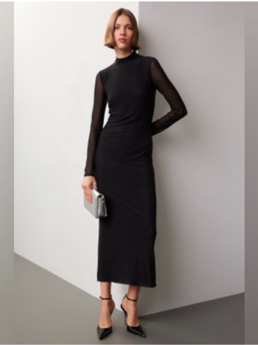 Black Long-Sleeve Mesh Midi Dress